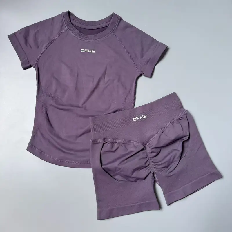 DFHE Women 2PCS Seamless Sports Suit Short Sleeve Yoga