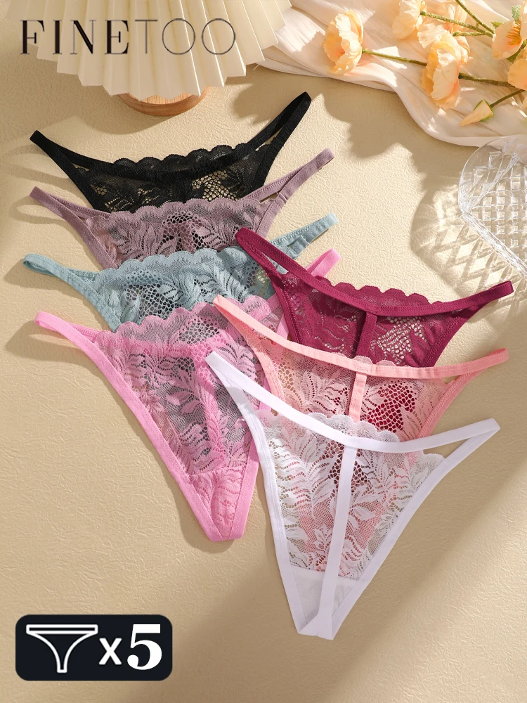 5Pcs hollow out leaf print thongs transparent women's panties sexy lace G string solid thin low waist lingerie women panties female underwear womens underwear