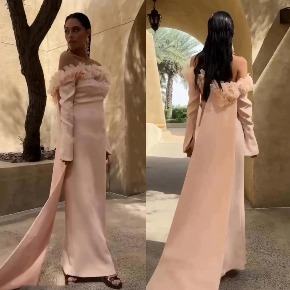 Jiayigong  Satin Beading Flower Pleat Clubbing Sheath Off-the-shoulder Bespoke Occasion Gown Long Dresses