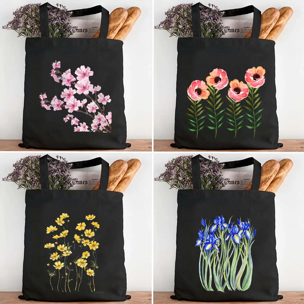Cute Cornflower Iris Lavanda Cosmos Pink Yellow Flower Poppy Daisy Sakura Lilla Womens Canvas Shopper Tote Bag Shopping Handbag