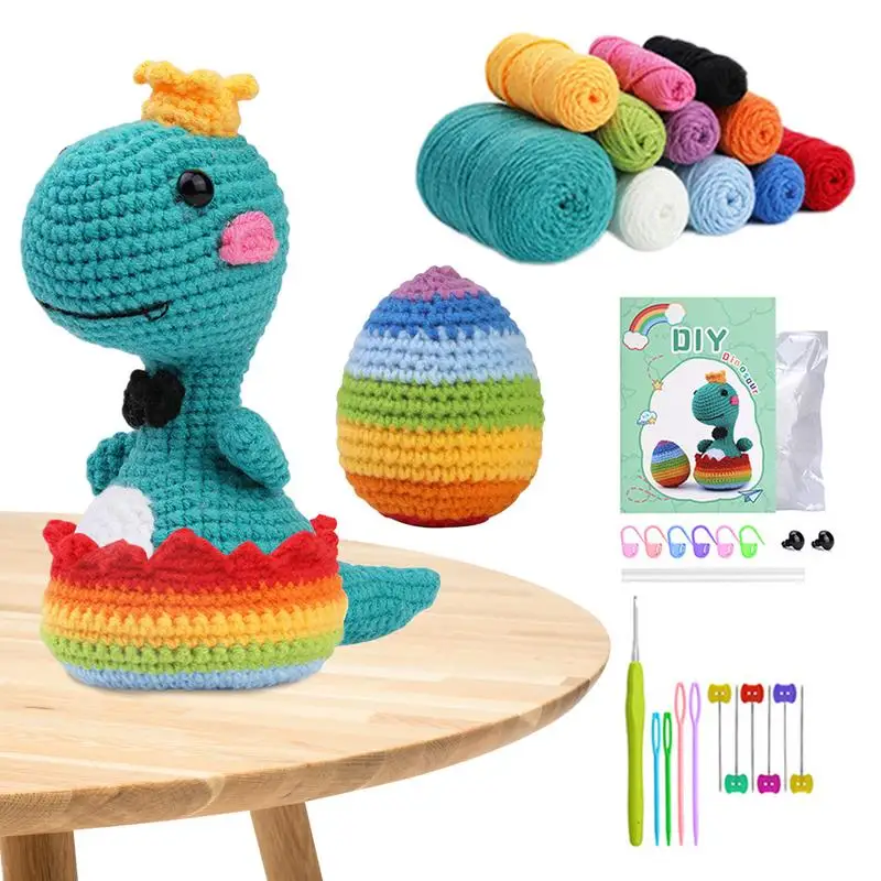 

DIY Dinosaur Knitting Kit Handmade Crafts Accessories With Yarn Crochet Hooks Step-by-Step Instructions Video For Beginners Kids