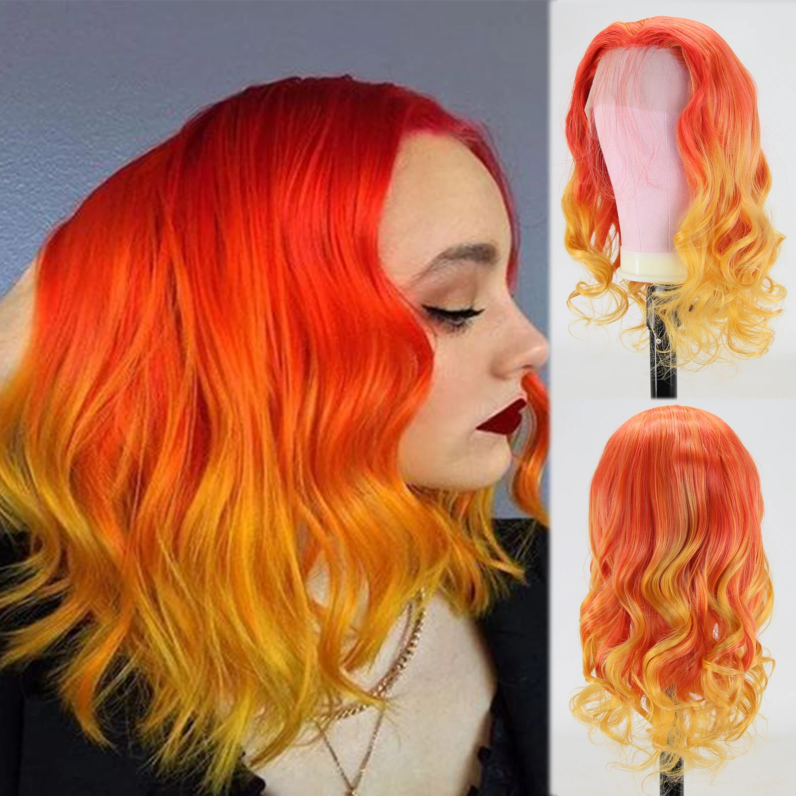 

Thiswig Short Red Ombre Yellow Wig Loose Wavy Lace Front Wig Synthetic Hair Curly Bob Wig for Women Pre Plucked Natural Hairline