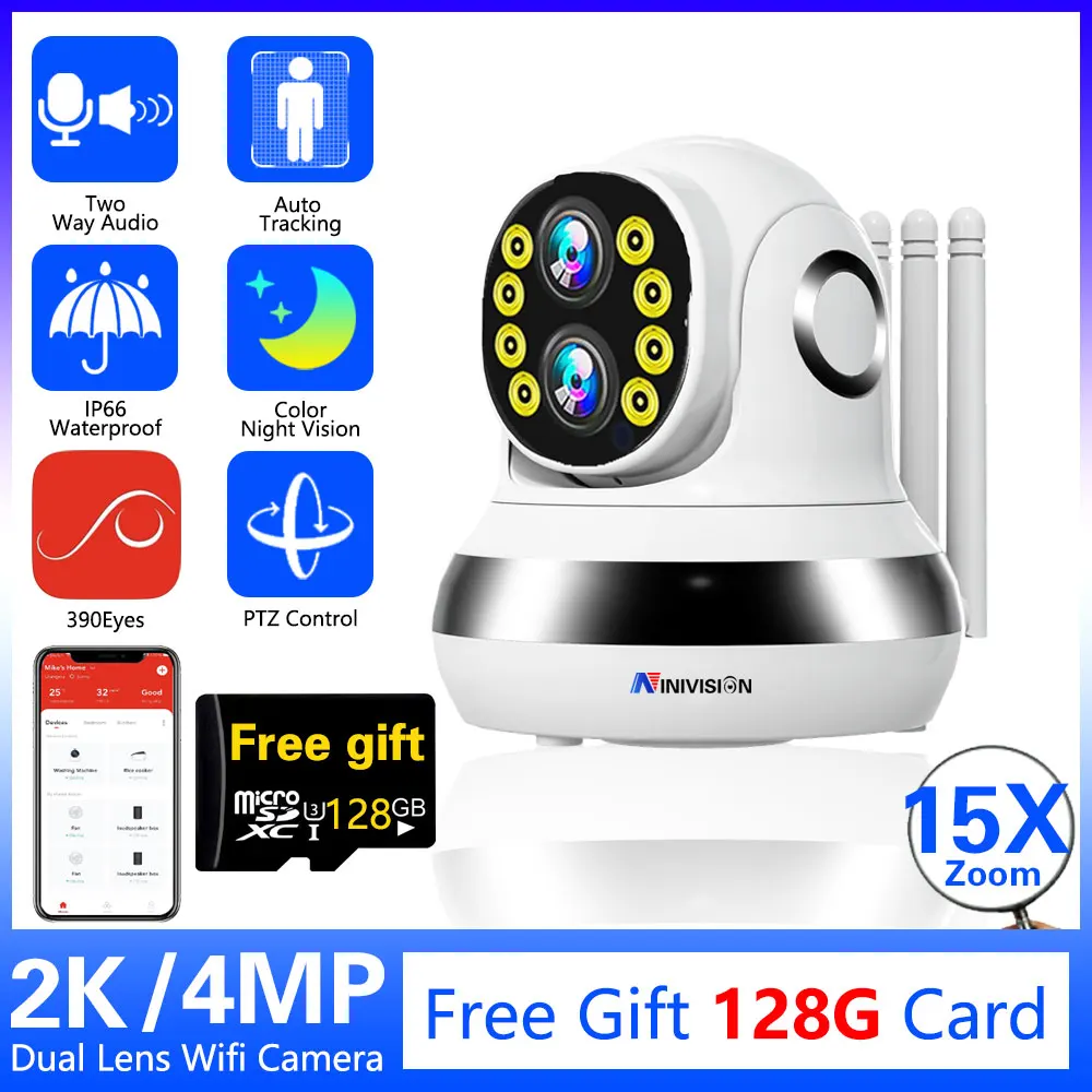 4MP Dual Lens PTZ WiFi IP Camera Outdoor 2K 4+12mm 15X Hybrid Zoom Video Surveillance Auto Tracking CCTV Security Protection wjg 12mp wifi camera three lens wifi survalance camera 6k 8x ip auto tracking outdoor waterproof security security protection