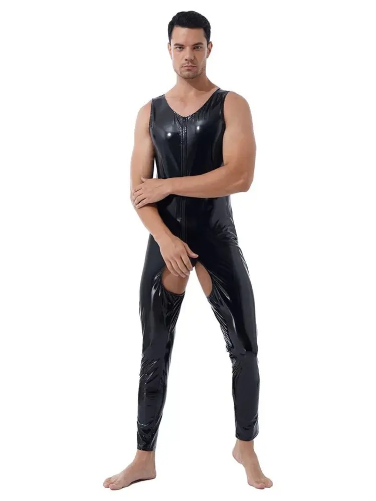 S-7XL Sleeveless Wet Look PVC Catsuit Shiny PU Leather Open Crotch Bodysuit Tights Sexy Leotard Conjoined Hot Shapers Jumpsuit Cosplay Costume Latex Lingerie Women Bondage Lingerie