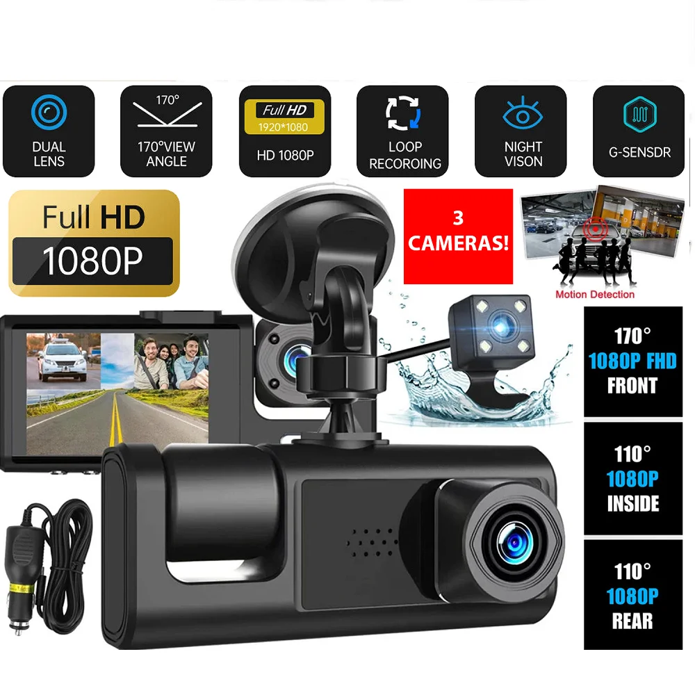 Dash Cam, 3 Channel Dash Cam, 1080P Front and Inside, Triple Dash Camera  with 32GB Card, HDR, G-Sensor, 24Hr Parking, Loop Recording