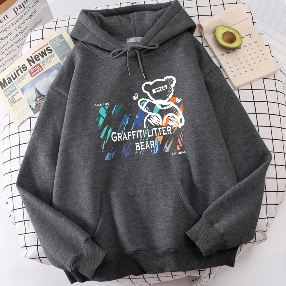 

Craffitilitter Bear My Heart Print Hoodies Men'S Versatile Spiritual Sweatshirt Classical Soft Top Hip Hop O-Neck Hoodie Mens