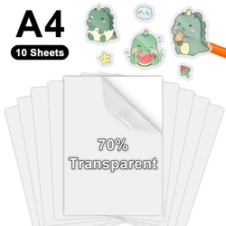 10-Pack Glossy Waterproof A4 Transparent Vinyl Sticker Paper - Self-Adhesive and Inkjet-Compatible (70 Percent Clear)