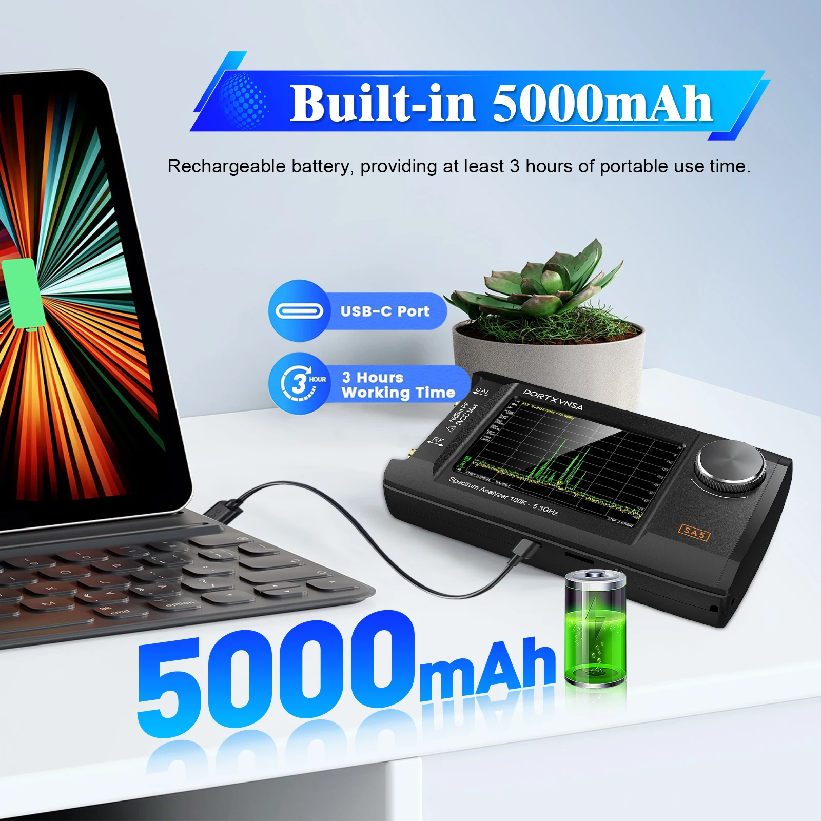 PORTXVNSA SA5 휴대용 스펙트럼 분석기 100KHz-5.3GHz 신호 발생기 4인치 IPS LCD RF 주파수 테스터 도구 내장 20dB