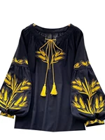 Retro Ethnic Heavy Embroidery Belted round Ne Lantern Sve irt Women Loose Casual Top Faionable Base irt - Image 5