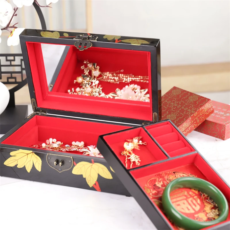 Jewelry Box Antique Storage Boxes Bins Chinese Lacquerware Lacquer Arts with Lock Wooden Wedding Gift Red Blue Black
