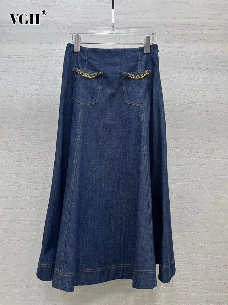 

Женская джинсовая юбка с карманами VGH, повседневная Однотонная юбка в стиле пэчворк с цепочками и высокой талией, Минималистичная Свободная юбка в модном стиле