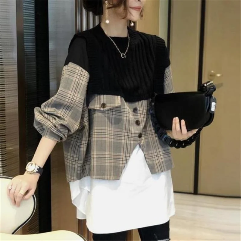 Women's Clothing Elegant Versatile Autumn and Winter New Fashion Slash Neck Splice Buttons Long Sleeve Casual Plaid Pullover