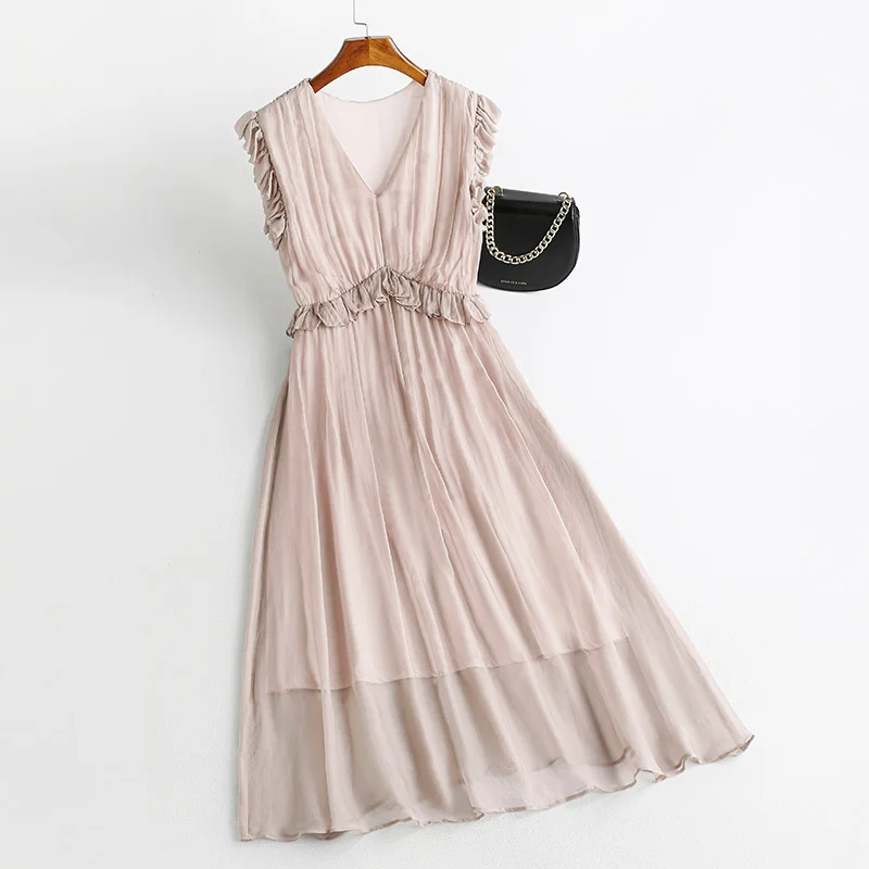 

Mulberry Silk Dress Women's 2023 Mid length New Slim Fit Sleeveless Style Fairy Dress Beach Dress Long Dress