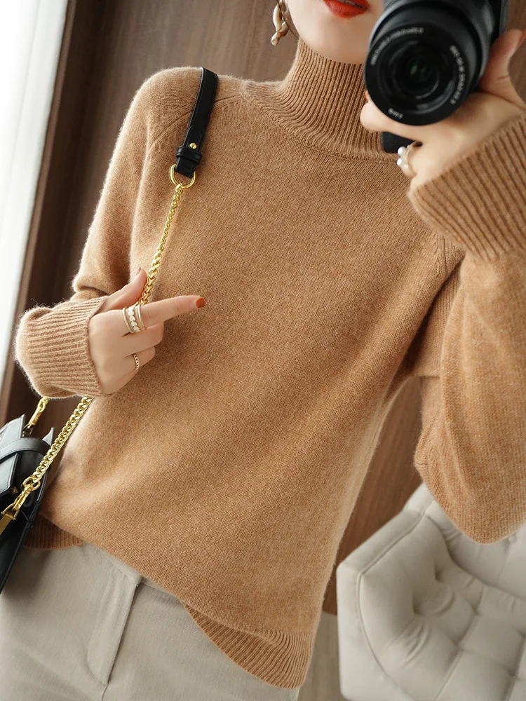 Fashion Basic Autumn Winter Merino Wool Sweater Mock Neck Cashmere Pullover Solid Color Soft Long Sleeve Basic Clothing Tops - Image 4