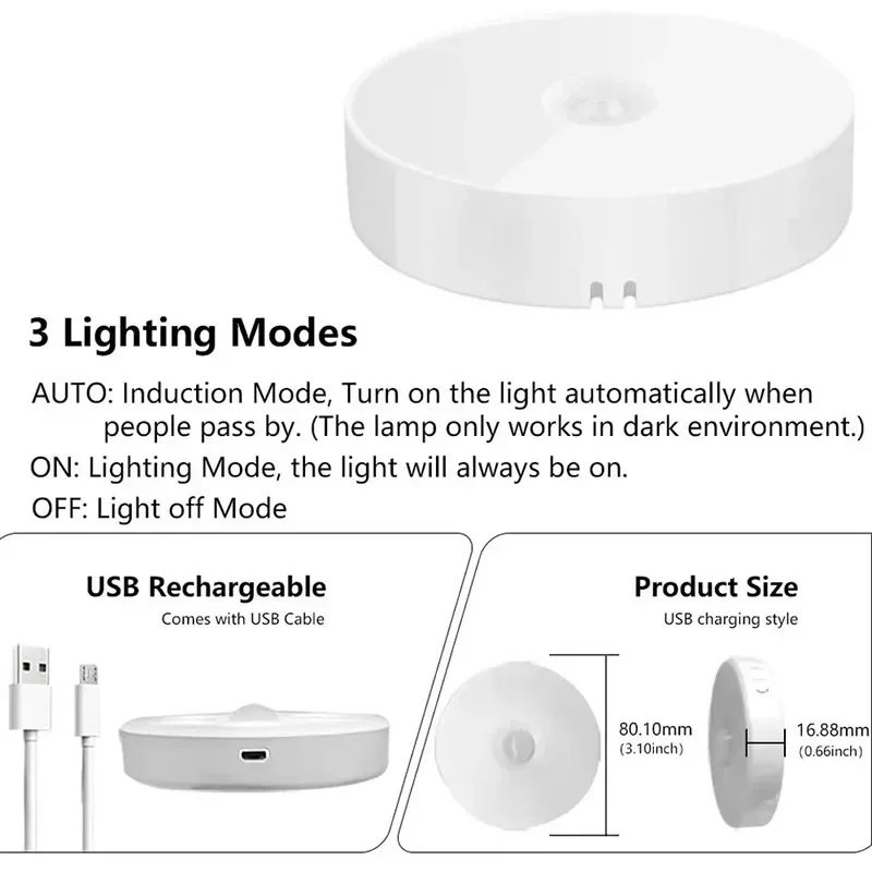 Motion Sensor Puck Lights LED Wireless USB Rechargeable Under Cabinet Shelf Display Closet Counter