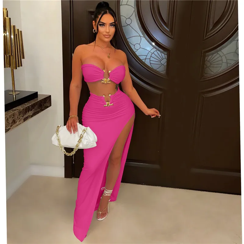 Women's Strapless Crop Top and Long Skirt Set, Sexy High Split Dress, Elegant Clothing, Party Club, Birthday Outfits, 2 Pieces