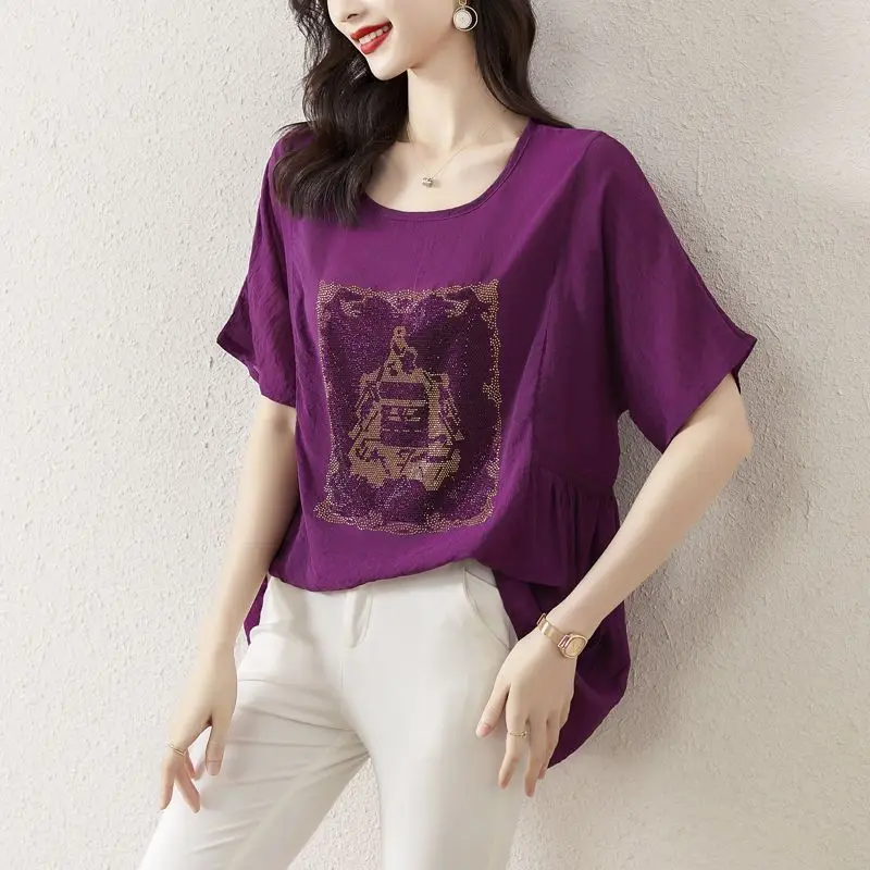 

Elegant Fashion Harajuku Slim Fit Female Clothes Loose Casual All Match Shirt Solid O Neck High Waist Insert Short Sleeve Blusa