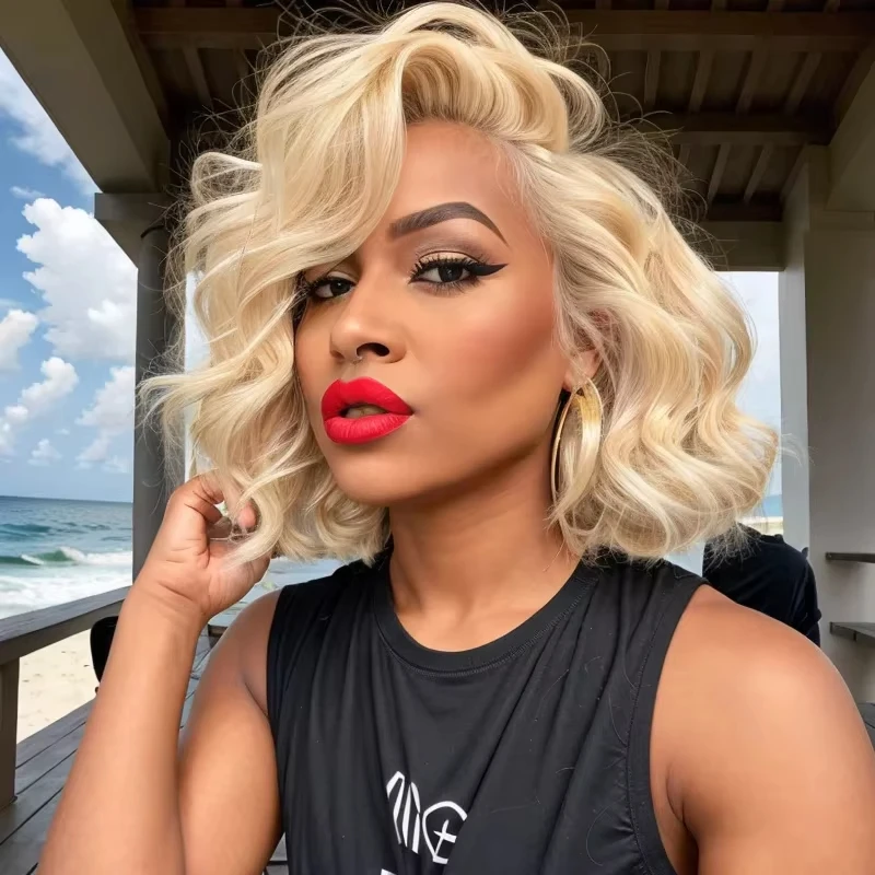 Poker Face Blonde Lace Front Bob Wigs Short Wavy Human Hair Wigs