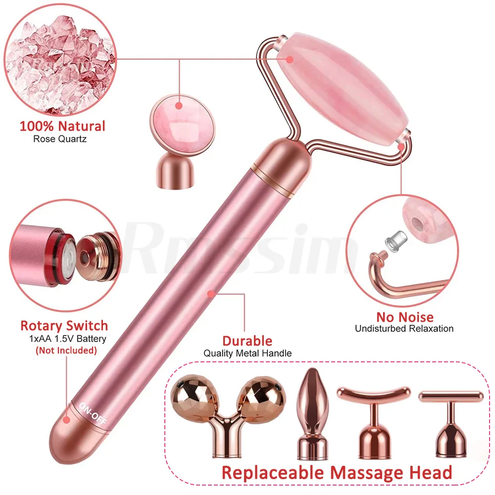 New Electric Vibrating Jade Roller Massager For Slimming Face Lifting Rose Quartz 3D Roller Stone Facial Skin Care Beauty Tool 3