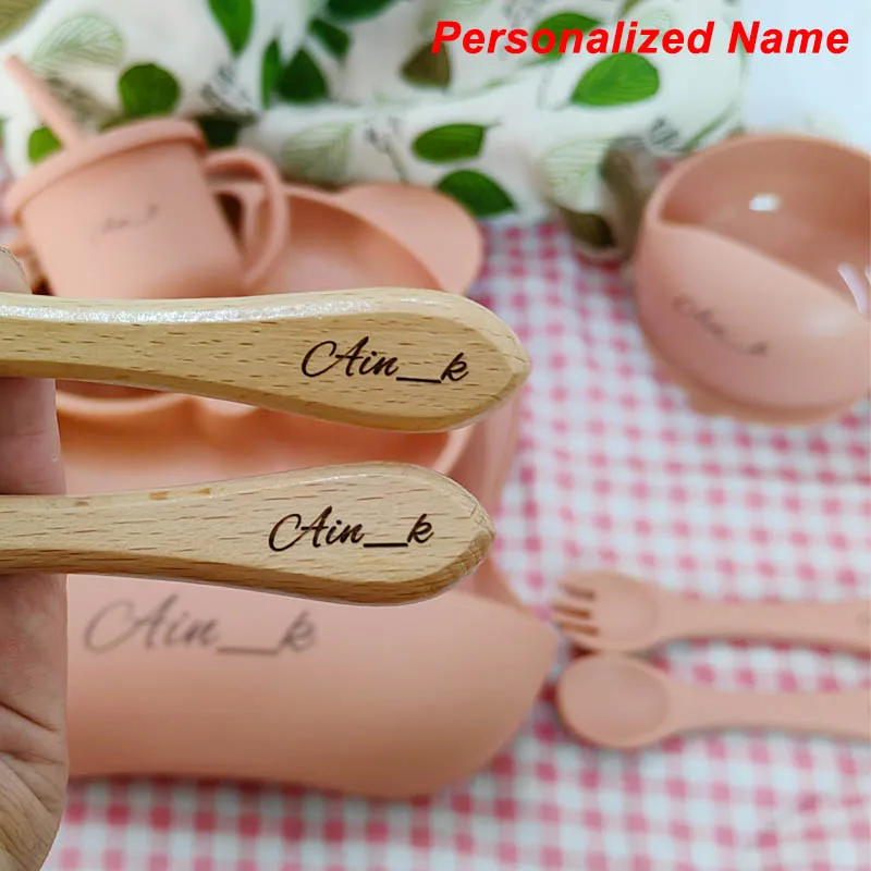 Silicone Tableware For Kids Baby Feeding Set Cartoon Plate Personalized Name Sucker Cup Plate Bowl Bib Newborn Gift 8Pcs/5Pcs