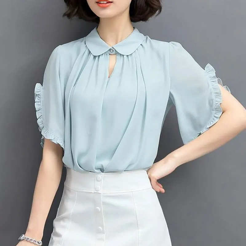 

Korean Sweet Peter Pan Collar Blouse Stylish Solid Color Cut Out Women's Clothing Summer Commute Elegant Ruffles Patchwork Shirt