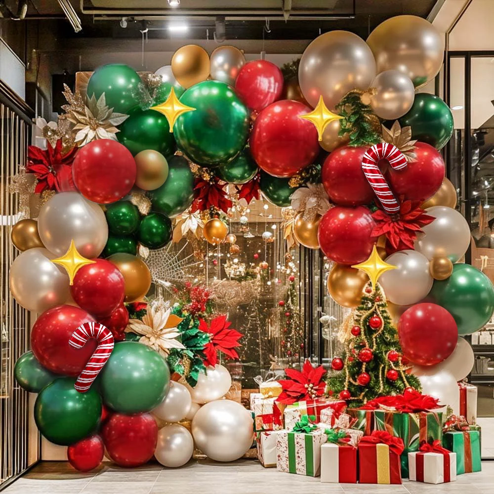 113-teiliges Weihnachts-Party-Ballonbogen-Set, Weihnachts-Zuckerstangen-Ballons in Kombination mit Roten, Grünen und Weißen Perlmutt-Latexballons, Perfekt für Weihnachtsfeier-Dekorationen und Innendekoration