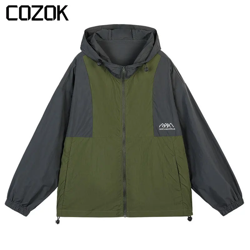 

Japanese Harajuku Hooded Sunscreen Jacket Men Summer Letter Embroidery Patchwork Oversize Sports Jacket Couple Windbreak Coat