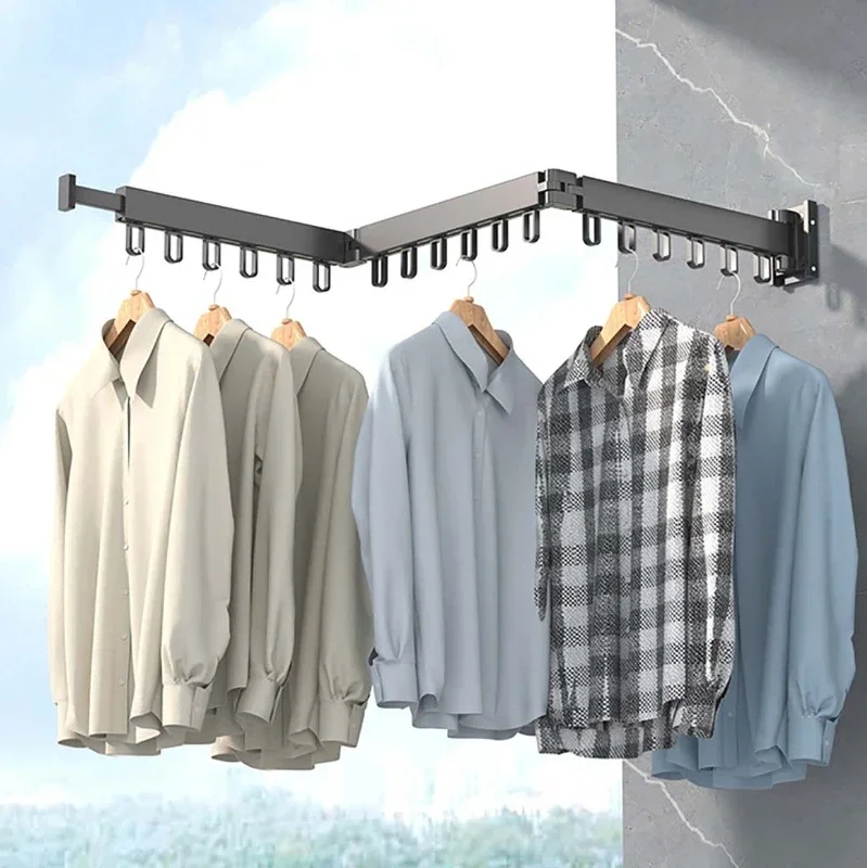 Folding Clothes Hanger Wall Mount Retractable Cloth Drying Rack Space Saving Aluminum Home Laundry Clothesline for Indoor Outdoo