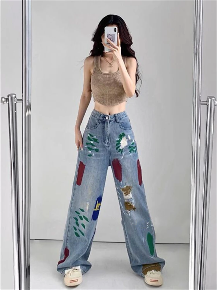 Women's Distressed Graffiti Design Vintage Wide Leg Jeans Casual American Street Pants Female High Waist Straight Denim Trousers new goth pants graffiti smiling face print baggy jeans women straight loose american couples street y2k high waist slouchy jeans