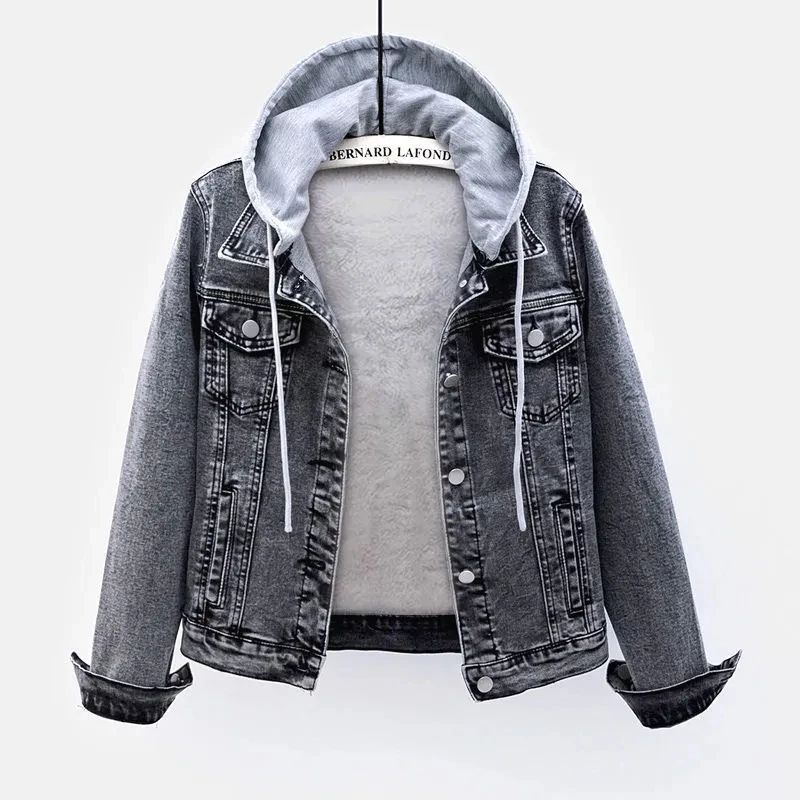

5XL Женская Флисовая теплая зимняя женская джинсовая куртка с карманами на пуговицах, мягкая теплая верхняя одежда с капюшоном, модные облегающие джинсовые пальто для женщин