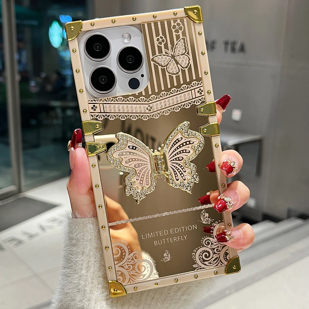 Luxury Diamond Butterfly Stand Phone Case with Mirror Shockproof Protection