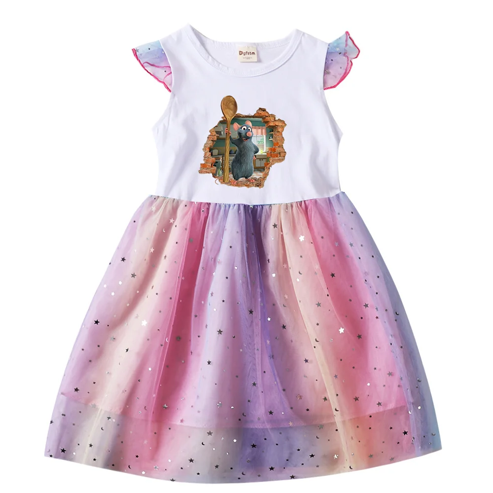 Disney Cartoon Ratatouille Toddler Children Prom Mesh Dresses Summer Kids Dresses For Girls Cartoon Manica Corta Princess Dress