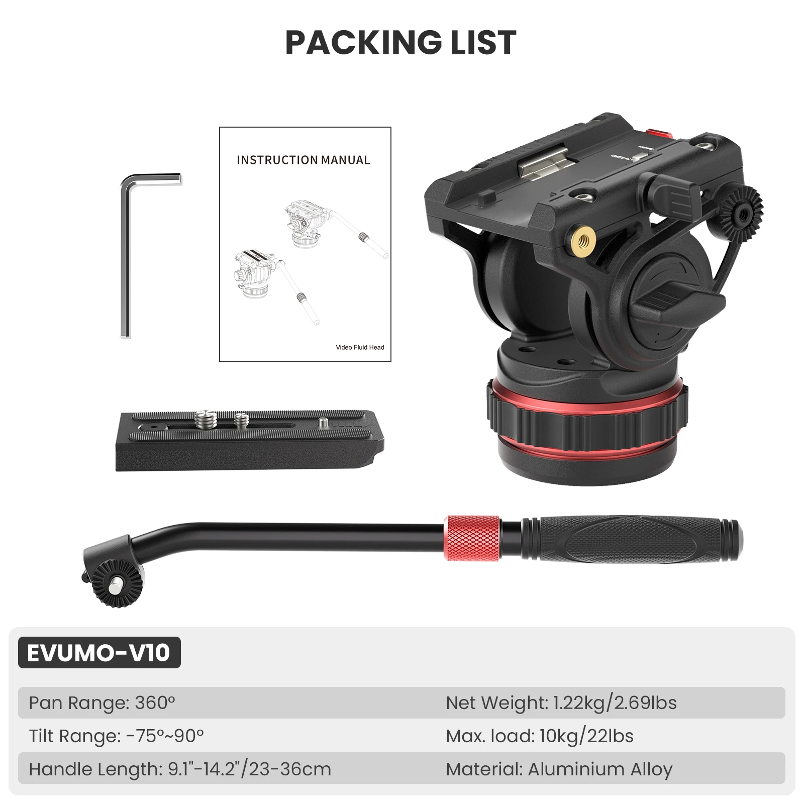 EVUMO V10 Professional Hydraulic Fluid Video Head Max Load 10kg22lbs Multi-angle Shooting for Sony Nikon Camara SLR DSLR