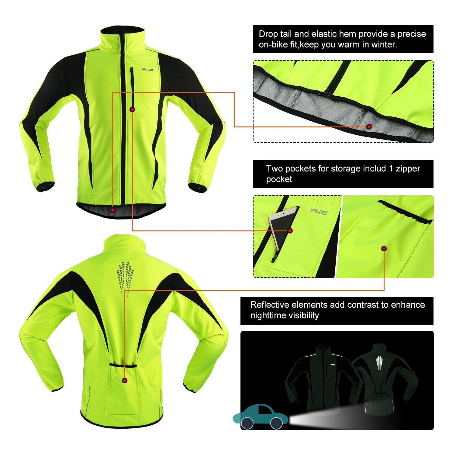ARSUXEO Men's Windproof Waterproof Fleece Cycling Jacket