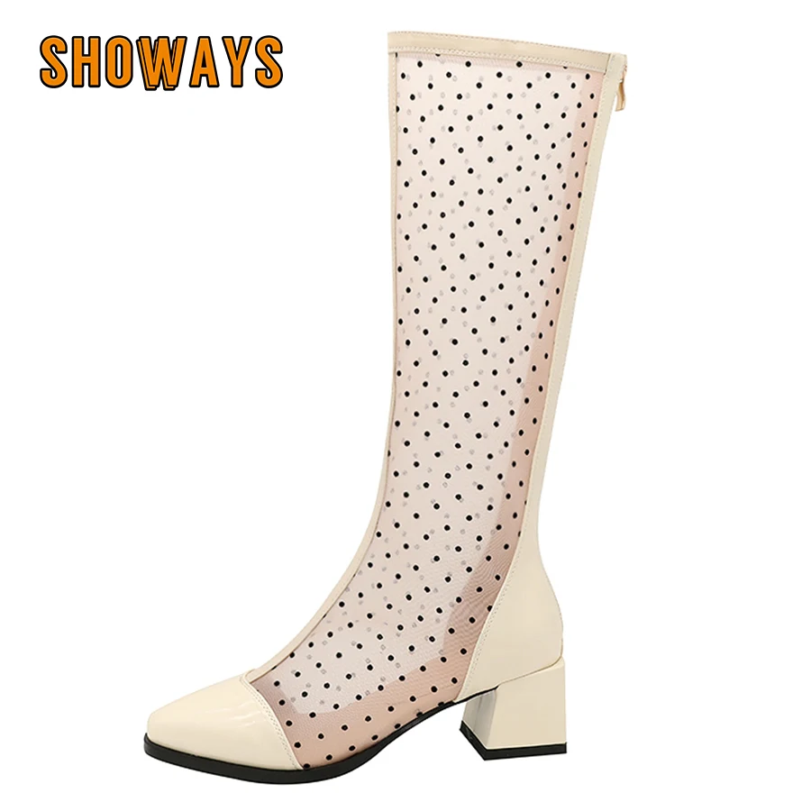

Summer Women Knee High Boots Black Beige Mesh Patent Leather High Block Heels Sexy Party Lady Zipper Pointed Toe Cool Long Boots