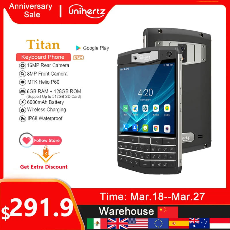 Unihertz Titan Android 10 Rugged Smartphone 6GB 128GB Octa Core Waterproof 6000mAh Battery Wireless Charging 16MP 4.6\