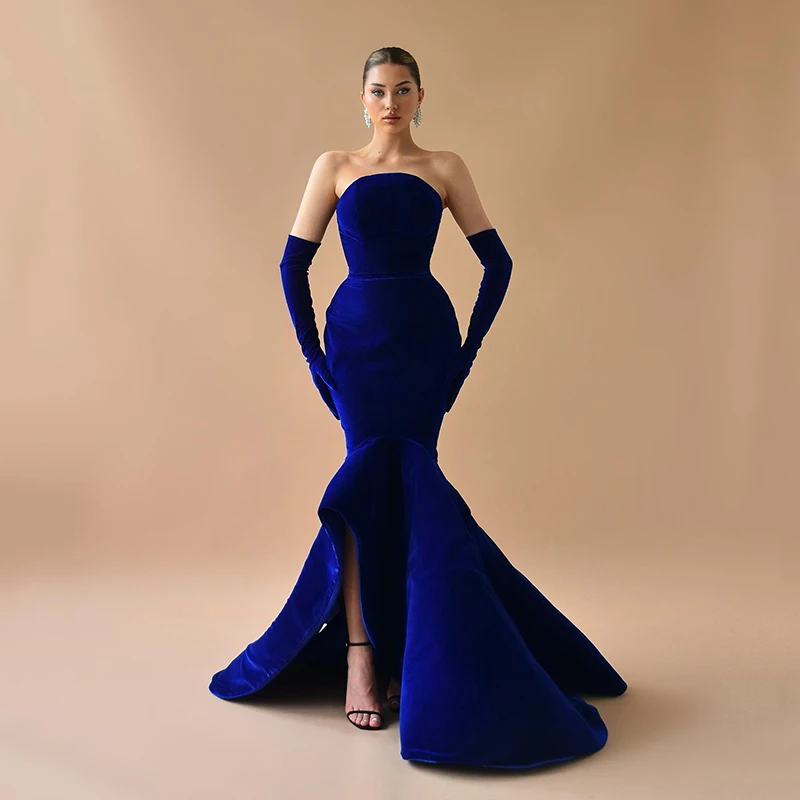 

UZN Sexy Mermaid Prom Evening Dress Strapless Velvet Evening Party Dress Without Gloves Saudi Arabia Wedding Prom Gown Plus Size