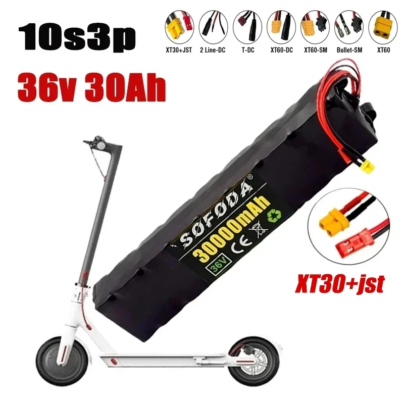 

36V 30Ah 18650 Rechargeable lithium Battery pack 10S3P 500W High power for Modified Bikes Scooter Electric Vehicle,With BMS XT30