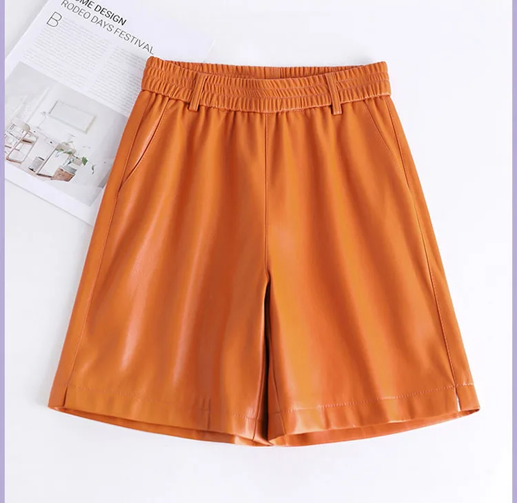 Fashionable Stylish 100% Leather Five-Point Pants For Women Femme Elastic Waist Wide Leg Shorts With Pocket