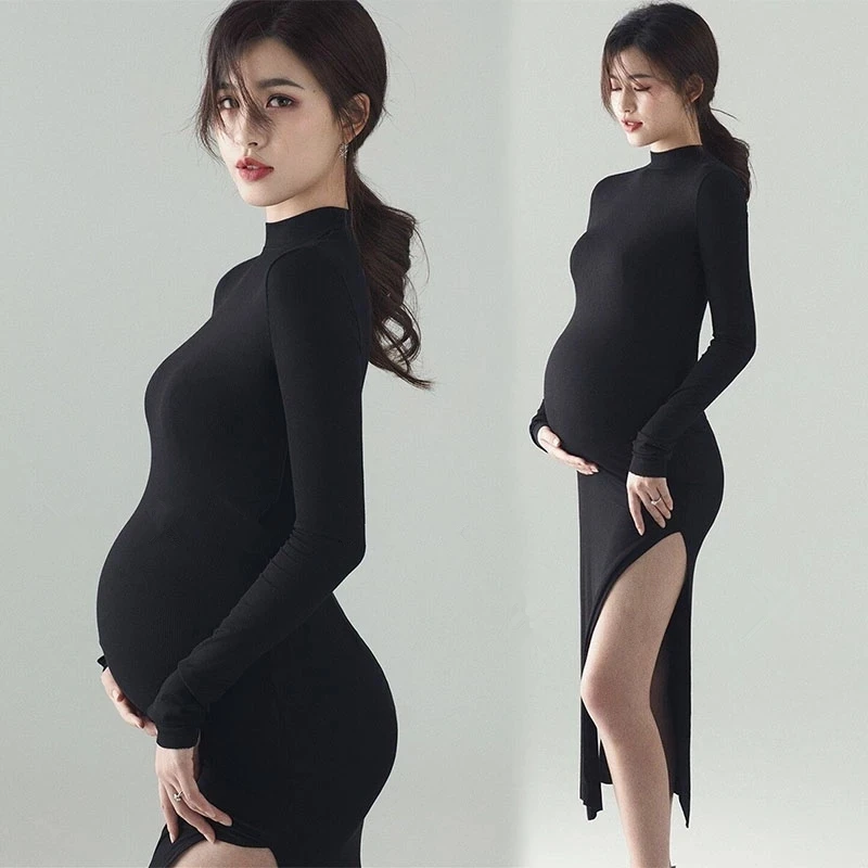 New Black Sexy Maternity Dresses Photography Props Split Side Lo