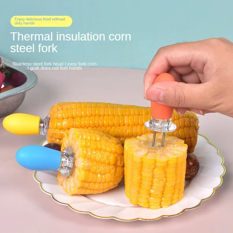 Corn Forks Stainless Steel Holders with Plastic Handle Heat-Resistant Cooking Picnic Camping Barbecue Needles Sticks Barbecues