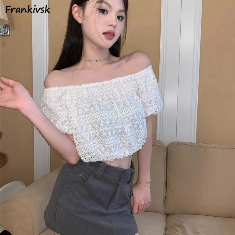 

Crop Tops Women Blouse Simple Vintage Hipster Holiday Summer Sweet Girls Young Korean Style Slash Neck Chic Aesthetic Breathable