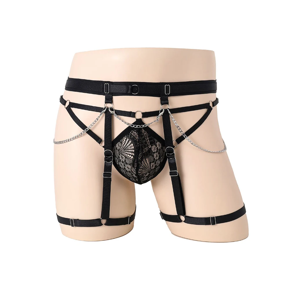 

Sexy Men Sissy Lingerie Lace Leg Garter Thong Hight Cut G-String Jockstrap Men Solid Briefs Hollow Out Underwear Erotic Panties