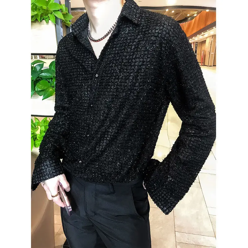 

Men's Shirt Autumn Korea Ins Tide Fashionable Lattice Tweed Shirt Loose and Simple