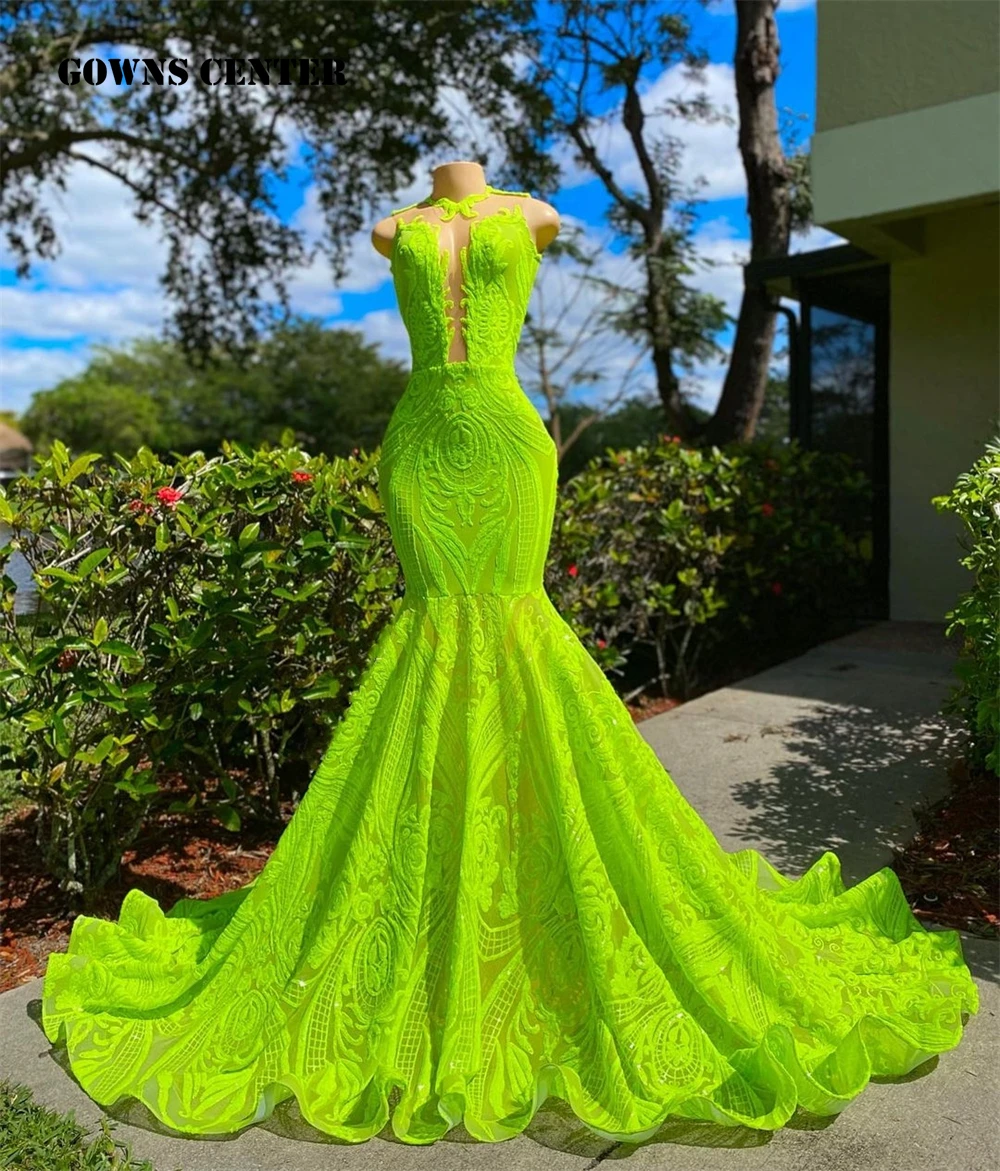 

Fluorescent Green Sequined Lace Long Prom Dress Mermaid 2024 For Black Girls African Glitter O Neck Party Gown robe de bal