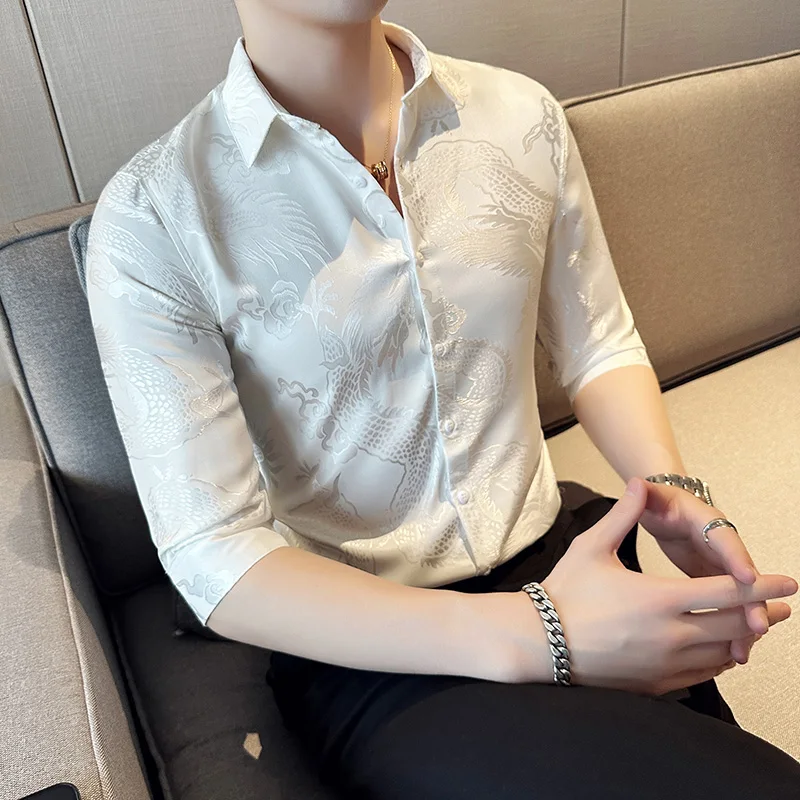 2023 British Style Men's Summer Casual Printed Half-sleeve Shirt/Male Slim Fit High Quality Lapels Business Shirt Plus Size 4XL