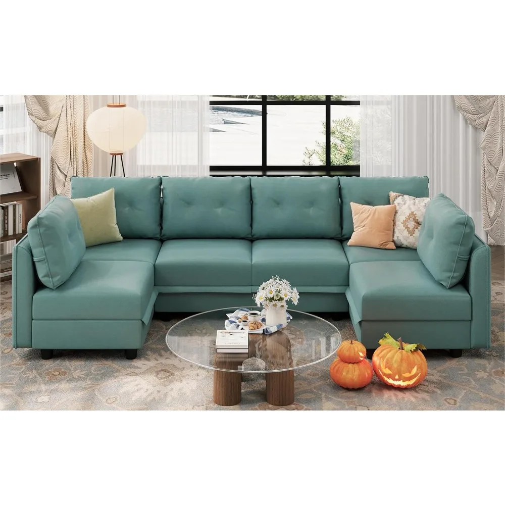

Faux Leather Modular Sectional Sleeper Sofa 112 Inch Waterproof Stain-Resistant Fabric 6 Seater U Shaped Storage Couch,Aqua Blue