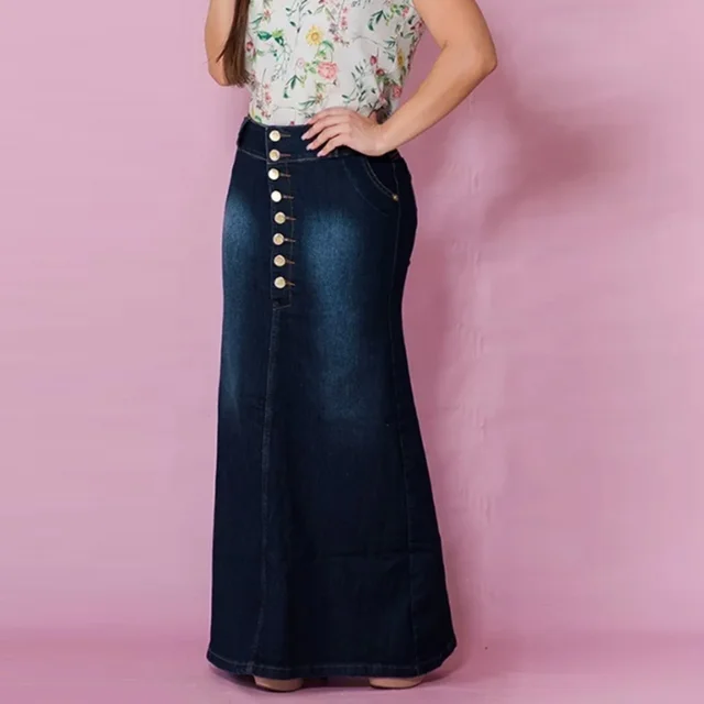 Front button washed denim a line skirts for teen girls high waisted long jean skirt for