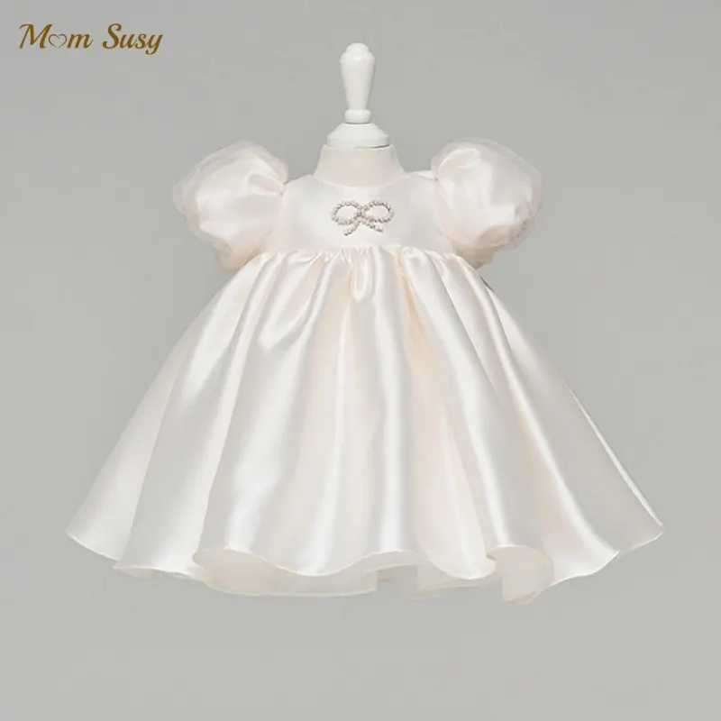 

Baby Girl Princess Silk Pearl Dress Short Puff Sleeve Child Vintage Big Bow Vestido Party Pageant Birthday Baby Clothes 1-12Y