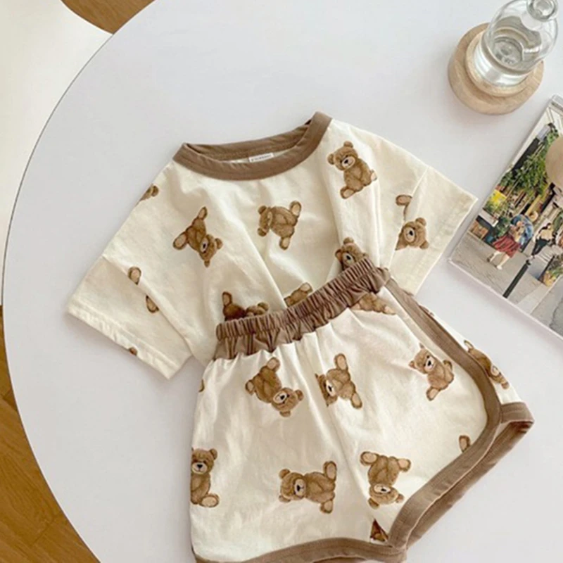 Summer Infant Baby Boys Girls Clothing Set Cotton Korean Bear Print Short Sleeve Tops T Shirt Shorts 2PCS Outfits Kids Clothes small baby clothing set	